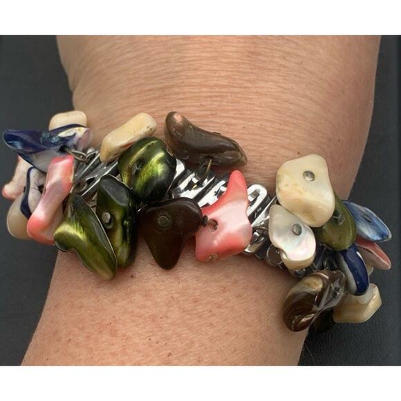 Vintage Spidel Style Metal Stretch Multicolored Polished MOP Shell Bracelet - Picture 3 of 5